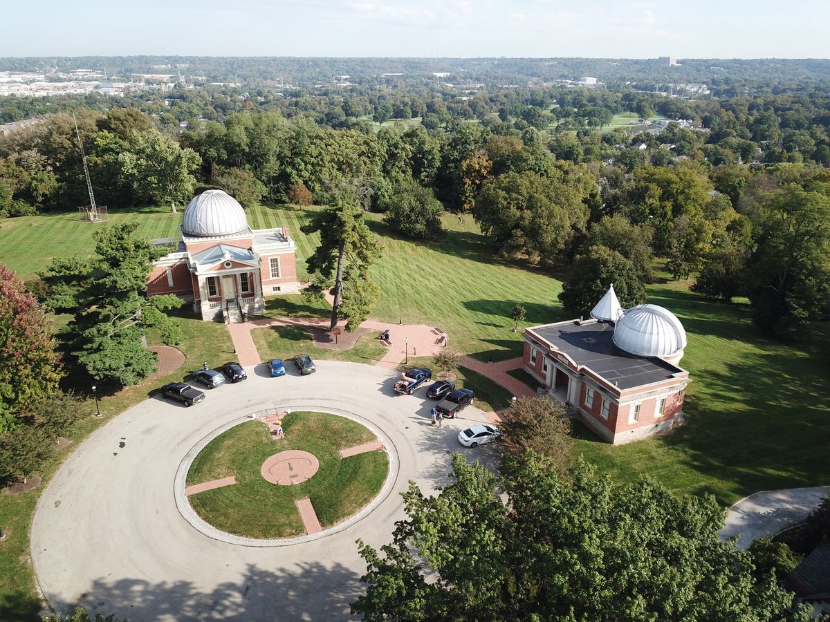 Aerial view of the two Cincinnati Observatory buildings